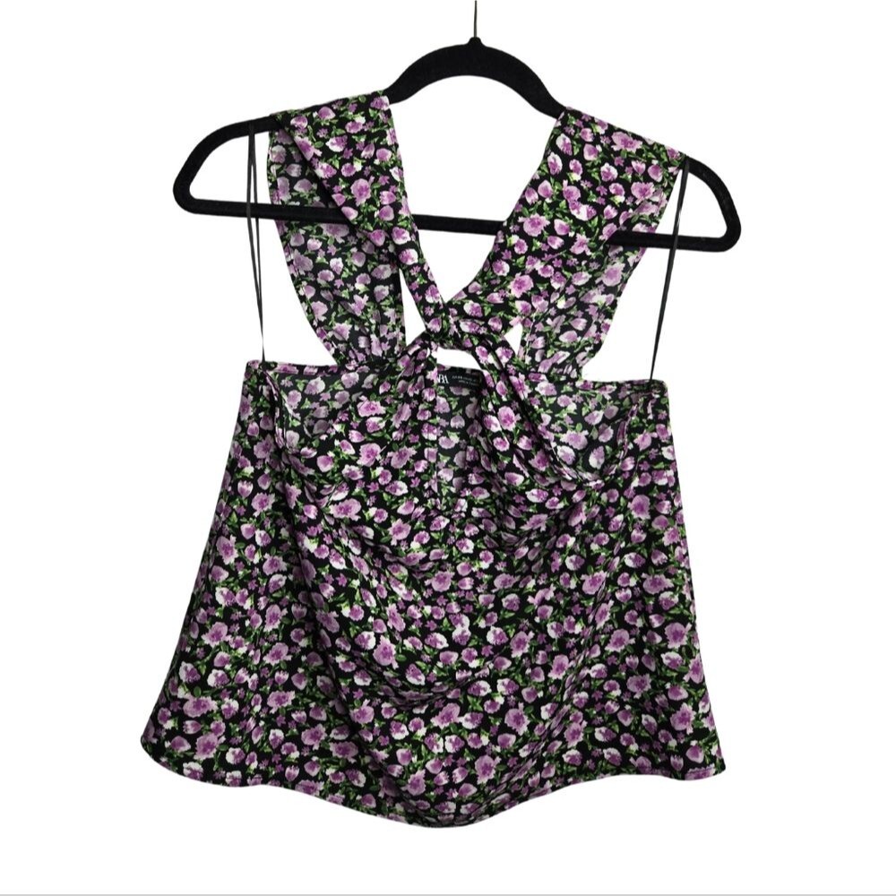 Zara Ditsy Floral Satin Sleeveless Blouse Dark Romantic Feminine Tank Women's XS